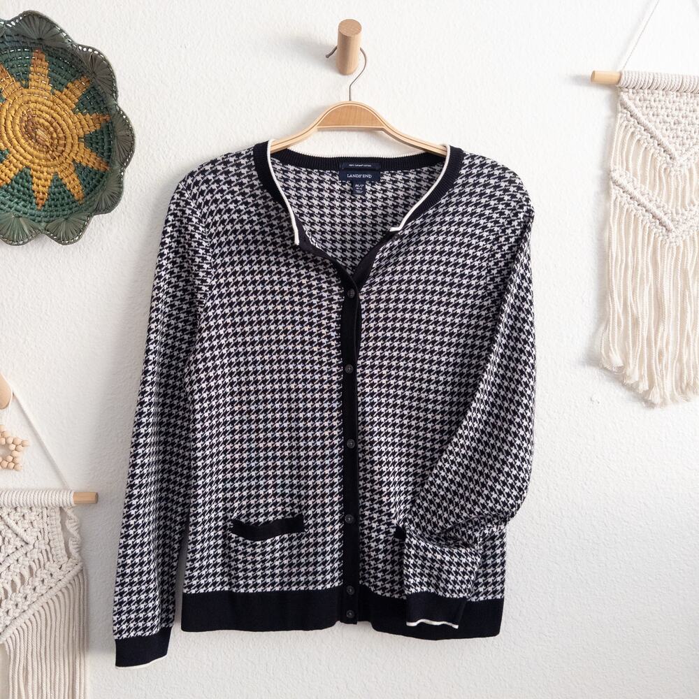 Lands End Houndstooth Supima Cotton Cardigan Sweater Size Medium